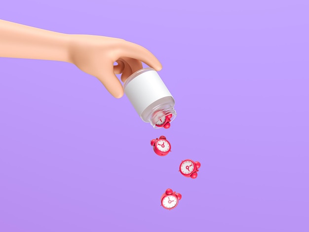 Hand mit Pillenglas in Form von Weckern Schlafkonzept Pharmazeutische Metapher, die das Konzept der Schlaflosigkeit, Morgenruhe und modernen Lebensstil 3D-Render enthüllt