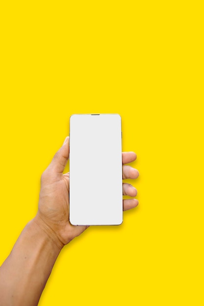 Hand mit Smartphone iPhone und isoliert auf weißem Hintergrund für Ihre Handy-App oder Ihr Web