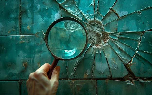 Hand mit Vergrößerungsglas vor einer zerbrochenen Wand Außenwand Inspektionsfoto