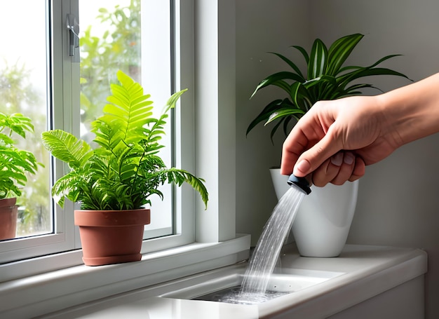 Hand mit Wasserkanne, die Indoor-Pflanzen auf dem Fensterbrett bewässert