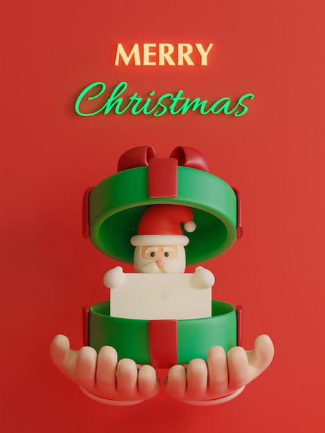 Hand mit Weihnachtsgeschenkbox offenes Geschenk mit Merry Christmas Postcard Mockup mit rotem Hintergrund Realistische 3D-Darstellung