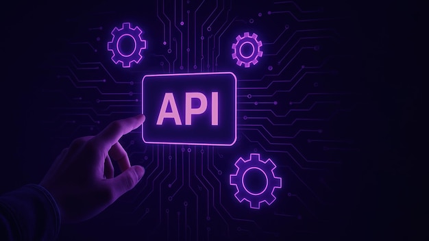 A hand reaches for a glowing api symbol in a dark floating gears and circuit patterns emphasizing application programming interface and api technology