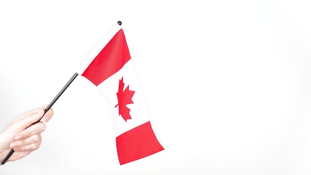 Hand schwenkt stolz die Nationalflagge Kanadas. Kanada-Tag-Abstimmung