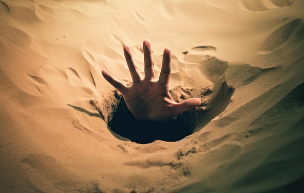 Hand versinkt im Treibsand und versucht, Tipps zum Überleben in der begrabenen Wüste herauszuholen