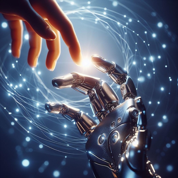Hand von Mensch und Roboter berühren KI, maschinelles Lernen auf dem Hintergrund der Big-Data-Netzwerkverbindung