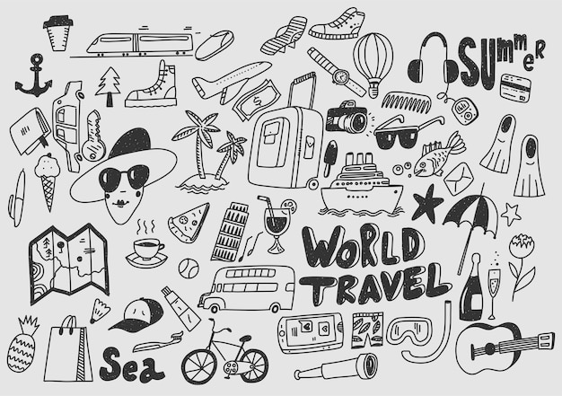 Hand zeichnen Doodle Reisesymbole Tourismus und Reisen