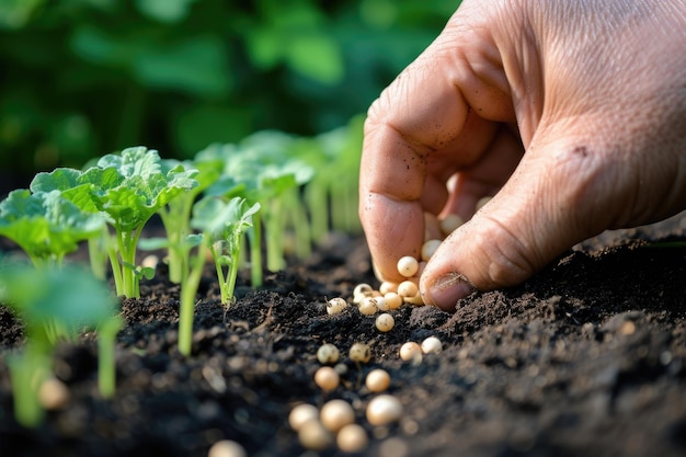 Handanbau von Gemüsesamen auf Saatboden im Garten-Metapher Gartenbau-Agrarkonzept