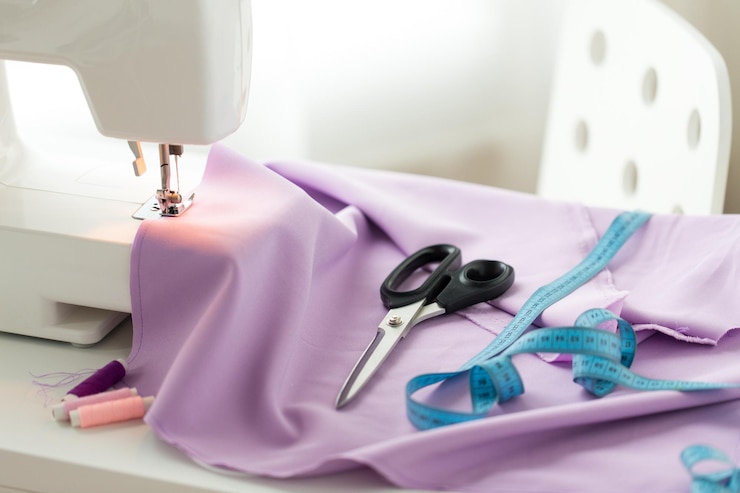 Foto handarbeit, technologie und schneiderkonzept - nähmaschine mit schere, knöpfen, maßband und stoff