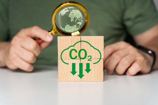 Handausbau von CO2-Reduktions-Symbolen auf Holzblockkubus in der Natur zur Verringerung von CO2