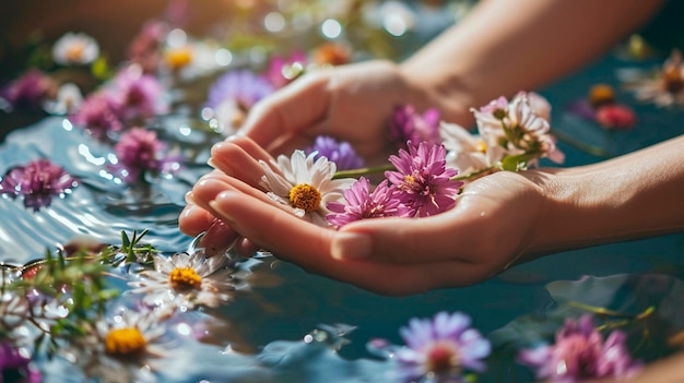 Foto handbad mit blumen selektiver fokus