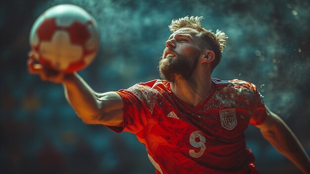 Foto handballspieler führt einen präzisen pass aus, der sich auf die nahtlose bewegung konzentriert, die die ki erzeugt