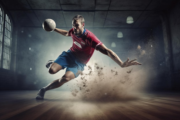 Handballspieler in Aktion Werbebanner für Sportarten Angriffskonzept mit Kopierfläche Werbestil Generative KI