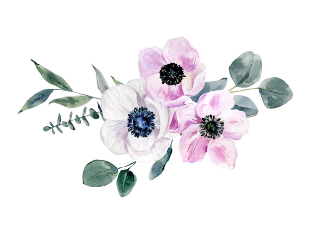 Foto handbemalte aquarellblumen setzen anemonen und eukalyptus-bouquet botanische illustration in aquarell