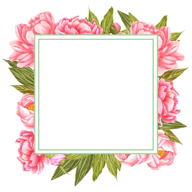 Handdrawn Aquarell rosa Pfingstrose Blumen Rahmen mit grünen Blättern und Knospen auf dem weißen Hintergrund Scrapbook Design Hochzeitseinladung Label Banner Postkarte