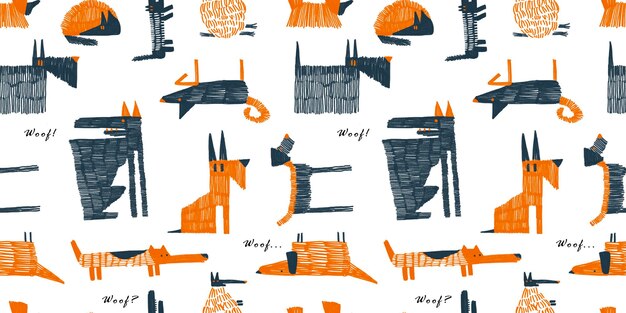 Handdrawn infantil de patrones sin fisuras con perros en estilo de dibujos animados plano aislado sobre fondo blanco
