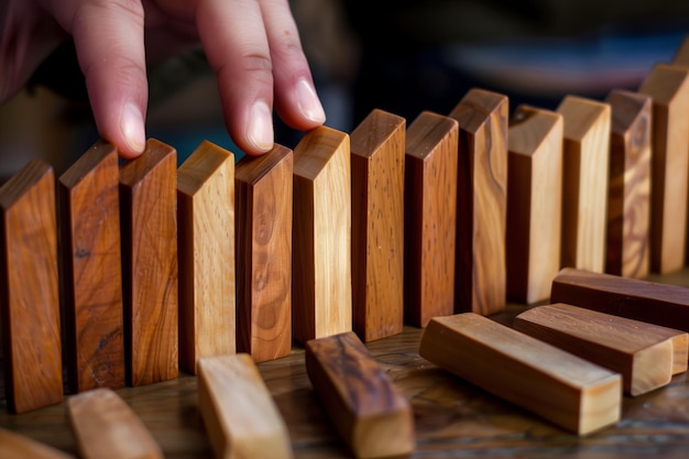 Foto hande, die holzdominosteine in einer reihe aufstellt