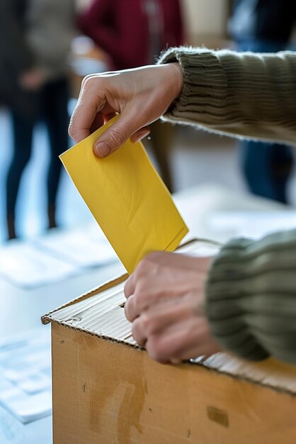 Foto hande hoch und stimmzettel in die wahlurne legen