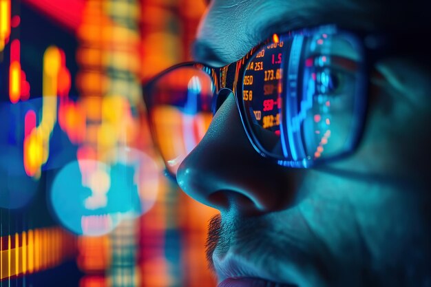 Handels- und Investitionsfinanzierungskonzept Nahaufnahme eines männlichen Händlers, der den Aktienmarkt analysiert und den Monitor-Reflex in einer Brille betrachtet