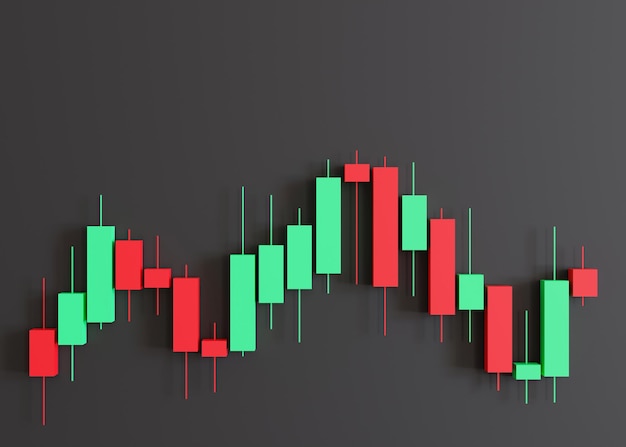 Handelsdiagramm auf schwarzem Hintergrund und Kopierraum. Aktienhandelsdaten auf einem Diagramm mit japanischen Stöcken. Finanzdiagramm mit auf- und absteigenden Vermögenswerten. Kaufen, Verkaufen an der Börse. Trader-Job 3D