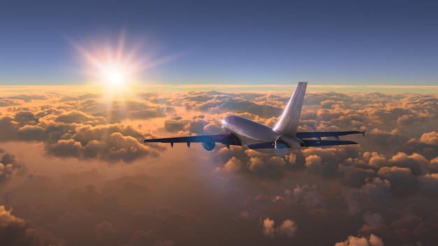 Foto handelsflugzeug, das über den erstaunlichen sonnenuntergang fliegt