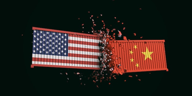 Handelskrieg zwischen den USA und China USA und chinesische Flaggen stürzten Container auf schwarzem Hintergrund 3D-Darstellung ab