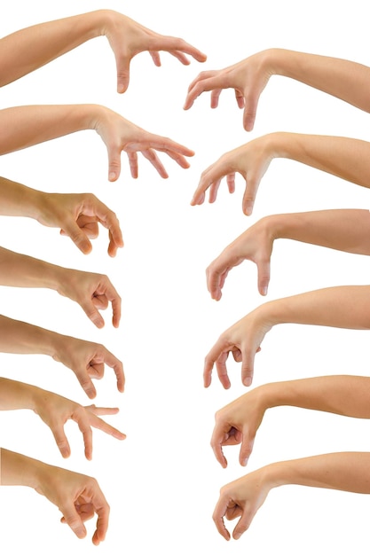 Handensatz eines kaukasischen Weibchens, um auf Weiß isolierte Objekte zu greifen