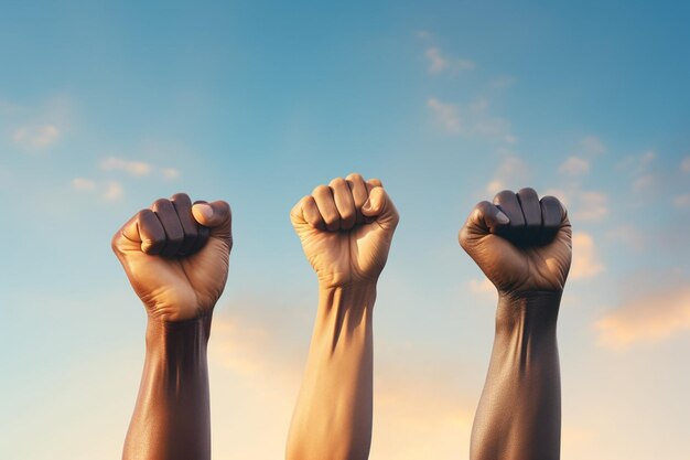 Foto handfist of people rising up on sky background erstellt mit generativer ki