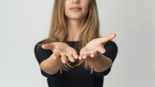 Handflächen hoch Geschäftsfrau mit Geste für Werbung und Werbung Wählen