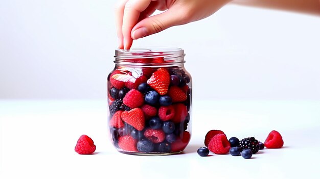 Handfüllung eines Glases mit Beeren Frische appetitliche Beeren in einem Lagerbecher, isoliert auf weißem Hintergrund