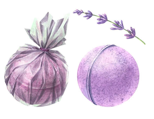 Handgefertigte Badebomben in Lavendel-Flieder in Verpackung und ohne Aquarell-Illustration