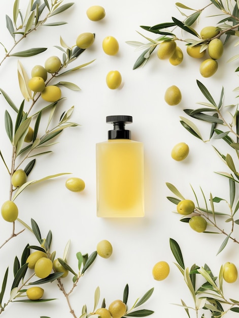 Handgefertigte Olivenöllotion-Flasche mit Öl auf hellem Hintergrund unter dem Olivenzweig eines Olivenbaums