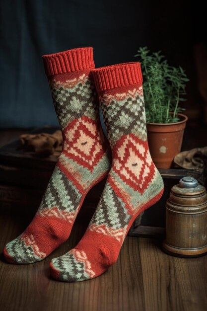 Handgefertigte Stricksocken mit einem Wintermuster, erstellt mit generativer KI