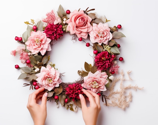 Handgefertigte Weihnachtskränze mit getrockneten Blumen und Blättern, die künstlerische