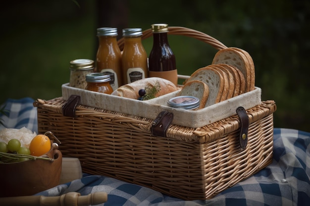 Handgefertigter Korb gefüllt mit köstlichen Picknickspeisen für zwei Personen