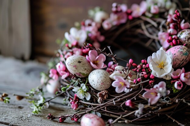 Handgefertigter Osterkranz mit farbigen Eiern und Frühlingsblumen.