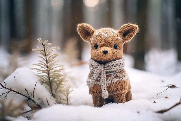 Handgefertigtes gestricktes Stoffenspielzeug süßes Reh im Winterwald