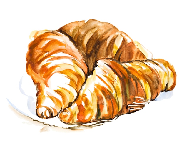 Handgemachte drei Aquarellcroissants auf einem Teller lokalisiert auf weißem Hintergrund