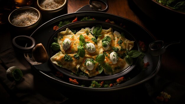 Foto handgemachte gefüllte ravioli, ricotta, spinatsauce, käse usw.