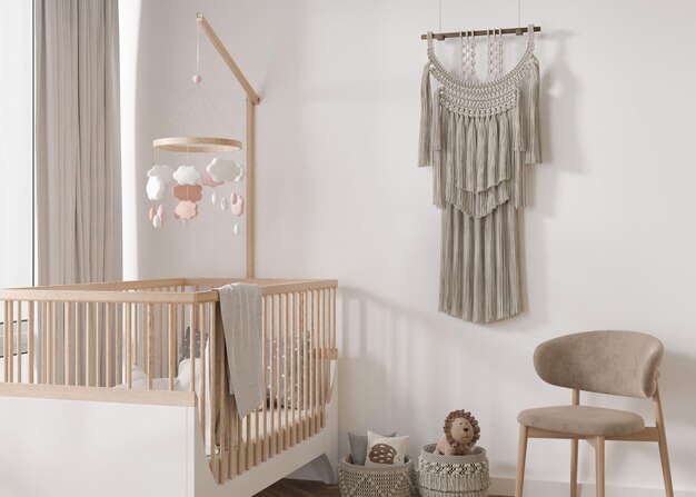 Handgemachte Makramee, die an der Wand im Babyzimmer hängt Wanddekoration im Boho-Stil aus Baumwollfäden in natürlichen Farben mit der Makramee-Technik Schöne Makramee-Wandverkleidung gemütliches Zimmer 3D-Rendering