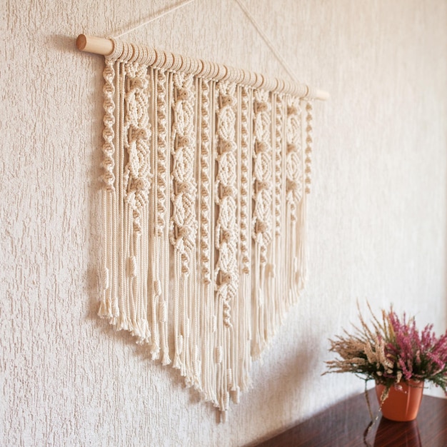 Handgemachte Makramee-Wanddekoration mit Holzstab, der an einer weißen Wand hängt Weibliches Hobby ECO-freundliche moderne Strick-Naturdekoration im Innenraum Kopierbereich