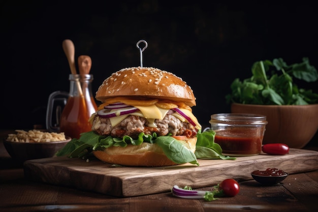 Handgemachter Burger mit Fleischkäsesalat und Brötchen auf Holzbrett