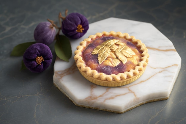 Handgemachter Pflaumen-Minikuchen mit goldener Kruste auf Marmorhintergrund