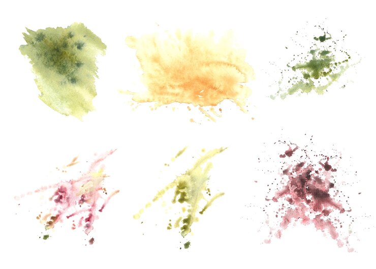 Foto handgemalte aquarell-abstrakt-satz-illustration farbe gelb lila und grün flecken und spritzer