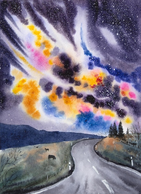 Foto handgemalte aquarell-nachthimmel aquarell nachthimmel und eine straßenlandschaft aquarellgalaxie