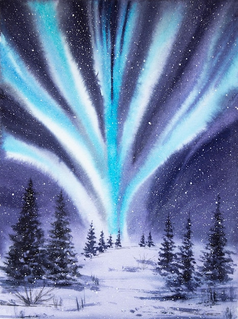 Handgemalte Aquarell-Nordlichter Landschaft Aquarell-Winterlandschaft Aquarell-Aurora