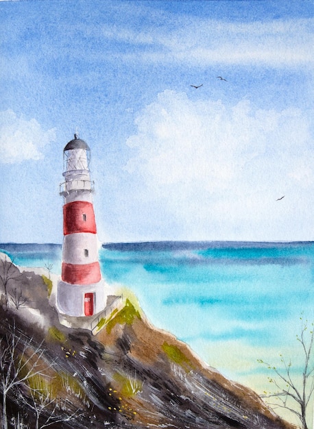 Handgemalte Aquarelllandschaft mit Leuchtturm Aquarell-Meereslandschaft mit leuchtturm