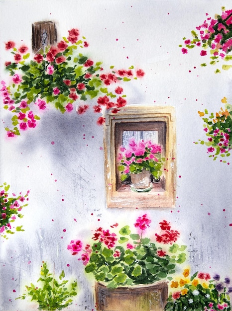 Foto handgemalte aquarellwand mit fenster und rosa blumen aquarellfenster