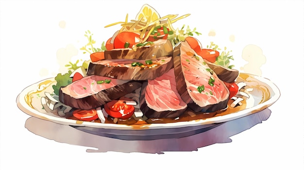 Handgemalte Cartoon-schöne Gourmet-Steak-Aquarellillustration