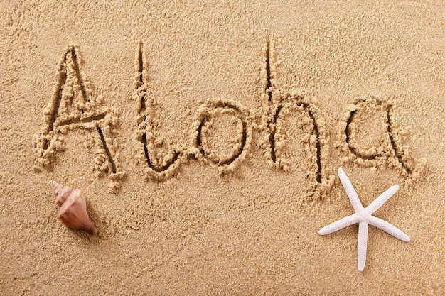 Handgeschriebene Strandsand-Grußmitteilung Alohas Hawaii