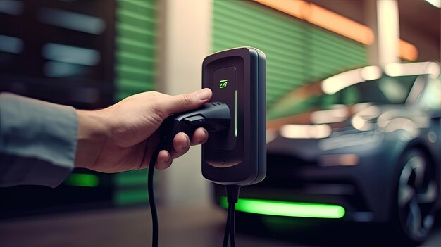 Foto handgetragener ev-ladegerätstecker mit verschwommenem hintergrund eines fortschrittlichen elektrofahrzeugs